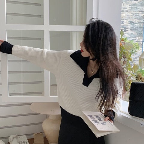 Áo polo ZHELIHANGFEI dệt kim tay dài dáng rộng dễ phối đồ