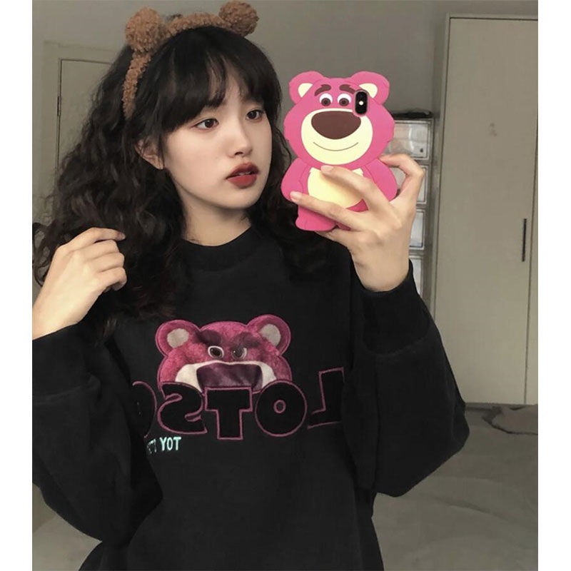 Jiashucheng Flow Áo Sweatshirt Mỏng Cổ Tròn Dáng Rộng Thêu Hình Gấu Phong Cách Mới Xuân Thu Cho Nữ