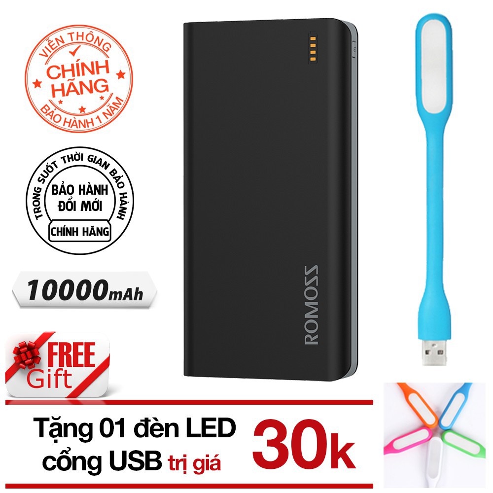 Combo Pin sạc dự phòng 20.000mah Romoss Solit 20 (Đen) - Chính hãng tặng đèn LED