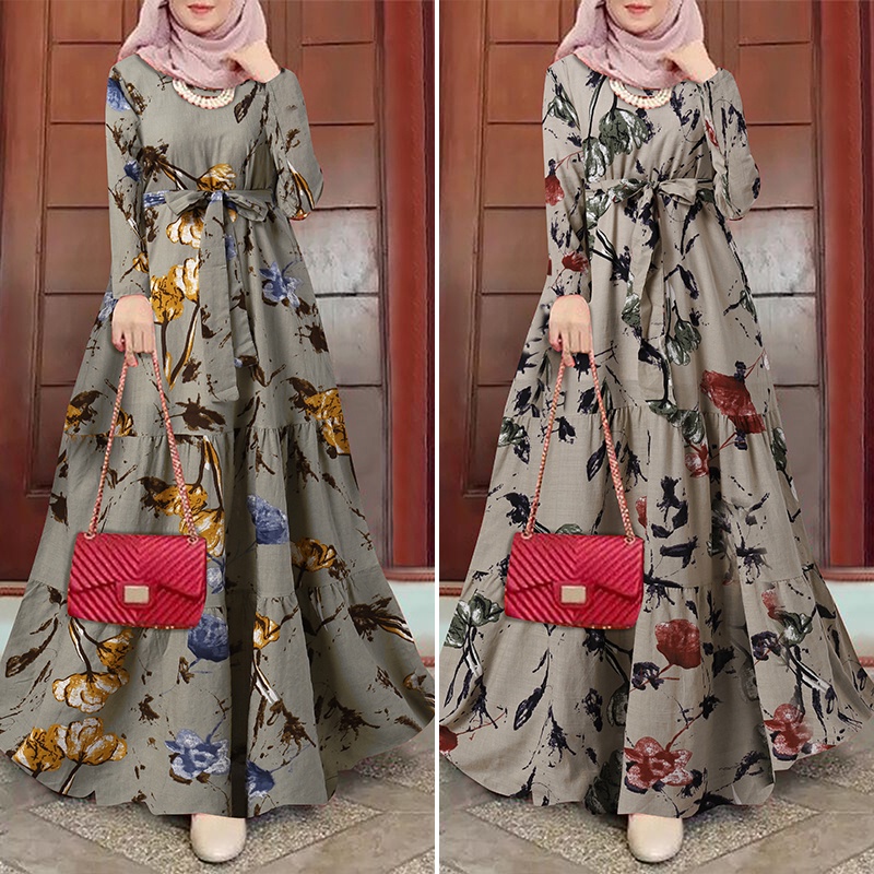 ZANZEA Đầm Maxi Tay Dài Cổ Tròn In Họa Tiết Hoa Phong Cách Vintage Dành Cho Nữ