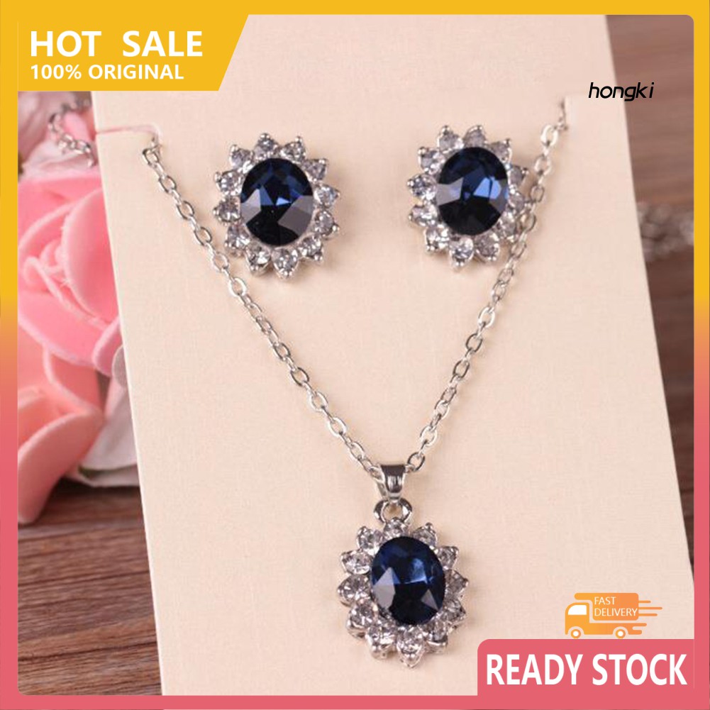 Bộ vòng cổ + bông tai đính đá sapphire nhân tạo thời trang cho nữ