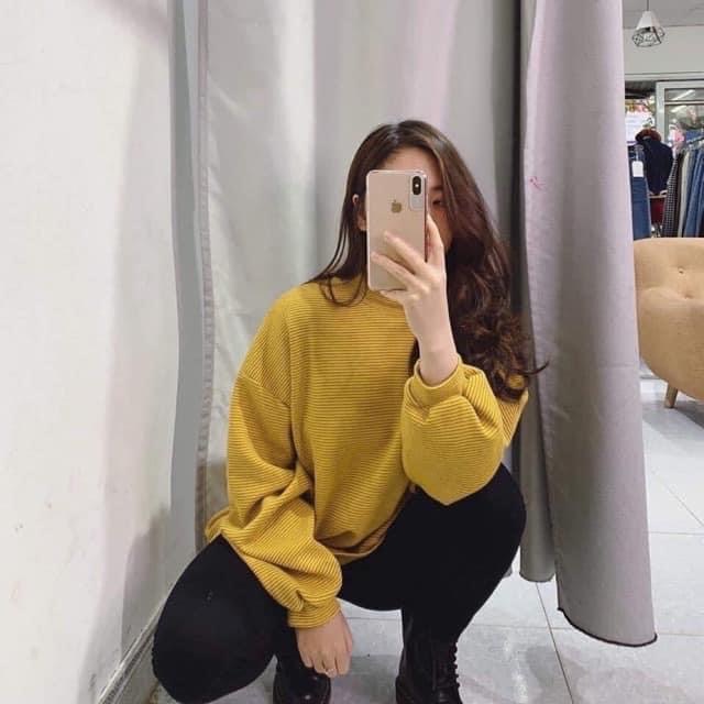 Áo Len Nỉ Cao Cổ Tay Bồng Kẻ Sọc Ullzzang