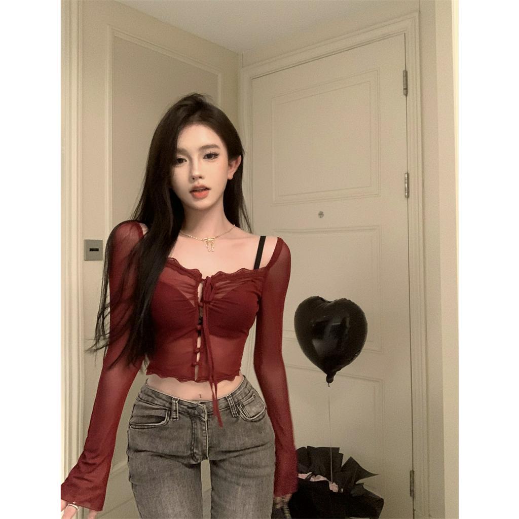Mới Áo Croptop Tay Dài Chống Nắng Phối Lưới Thời Trang Mùa Hè Quyến Rũ Cho Nữ