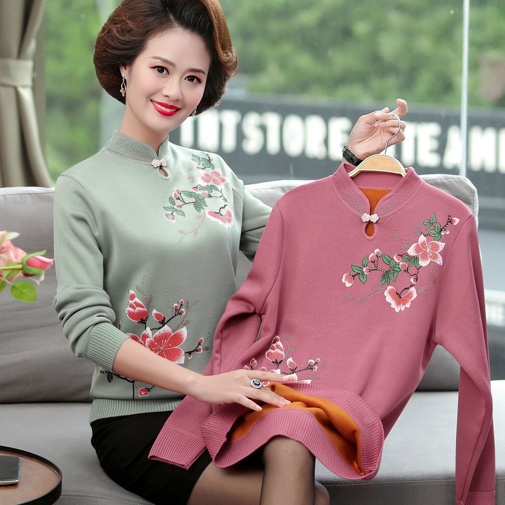 Áo len mùa đông của mẹ dành cho phụ nữ trung niên dài tay ấm áp cho người trung niên và người già cộng với nhung dày dặn