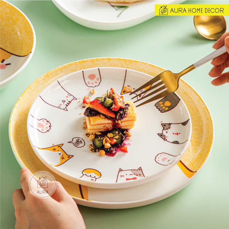 Bộ bát cơm, bát tô, đĩa hình mèo trắng vàng dễ thương - Chất liệu gốm sứ men bóng cao cấp