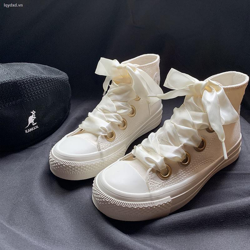 Giày sneaker vải canvas dây buộc ruy băng phong cách Hàn Quốc thời trang 2021 cho nữ