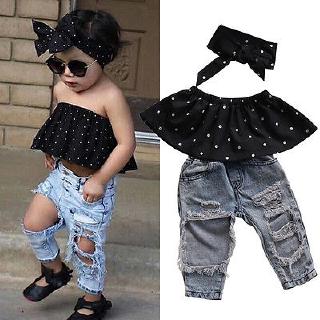 Set áo dài tay trễ vai + quần jean và băng đội đầu cho bé gái