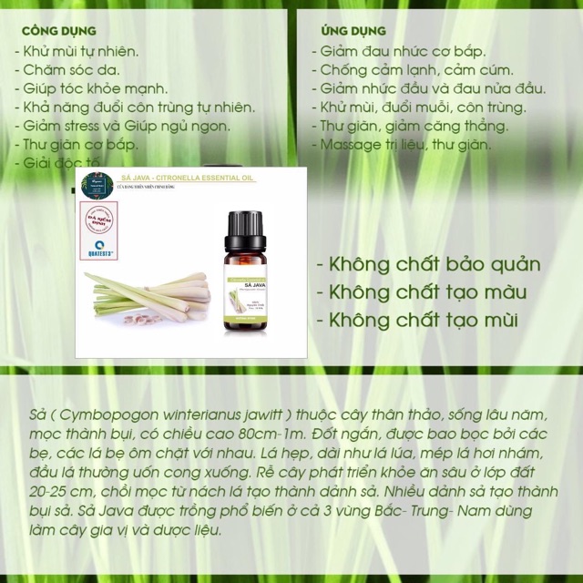 [ 10ML ] Tinh Dầu Sả Java 100% Nguyên Chất Organic ( Citronella Essential Oil )