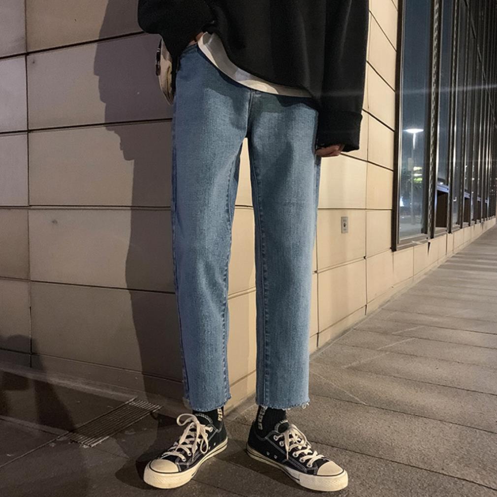 Quần Jean Baggy Nam Ống Rộng Cắt Gấu Màu Xanh Đậm Unisex Vải Không Phai Màu-B03 !