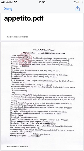APPETITO FITOBIMBI/Tiêu hoá tốt,ăn ngon miệng | Thế Giới Skin Care