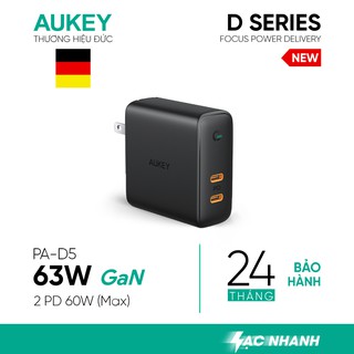 Cốc Sạc Nhanh 2 Cổng Aukey PA-D5 63W, Sạc Nhanh iPhone, Macbook Pro Và Các Thiết Bị PD
