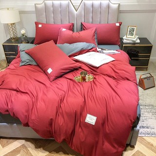 Bộ chăn ga gối cotton đũi tici 1m6x2m,1m8x2m-màu đỏ mận-ghi