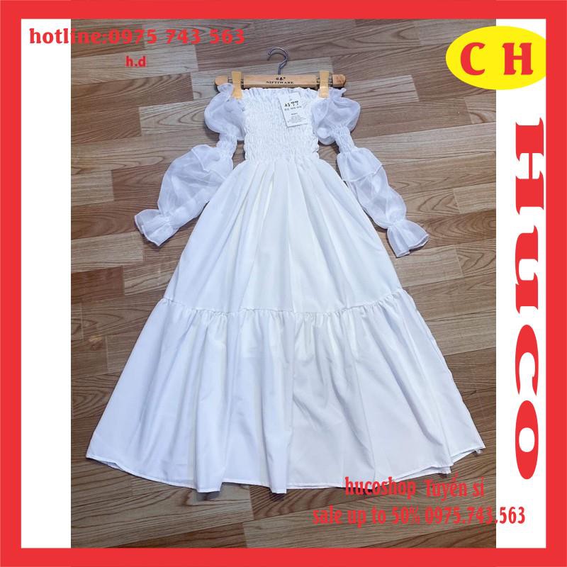 [ẢNH THẬT] váy trắng nữ trễ vai xoè hai tầng tay bồng chất voan có lớp lót trong form chuẩn ảnh Style Hàn quốc freesize