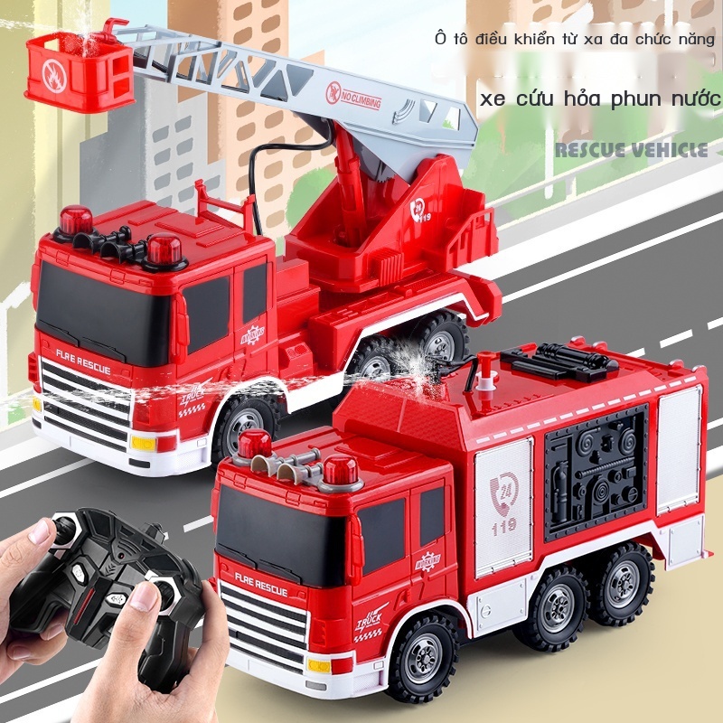 Xe cứu hỏa phun nước điều khiển từ xa 1:12 thang đa chức năng tám hướng Phiên bản nâng cấp3.0