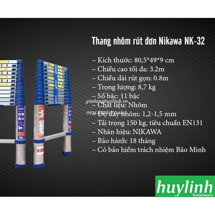 Thang nhôm rút đơn Nikawa NK-32 NEW - 3.2 mét - Tặng đệm cao su