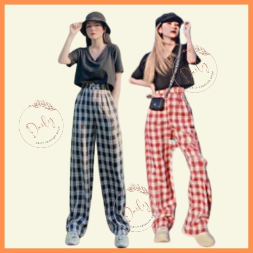 Quần Ống Rộng Culottes Dáng Suông Kẻ Caro Cạp Cao Lưng Chun Trẻ Trung Năng Động Daily