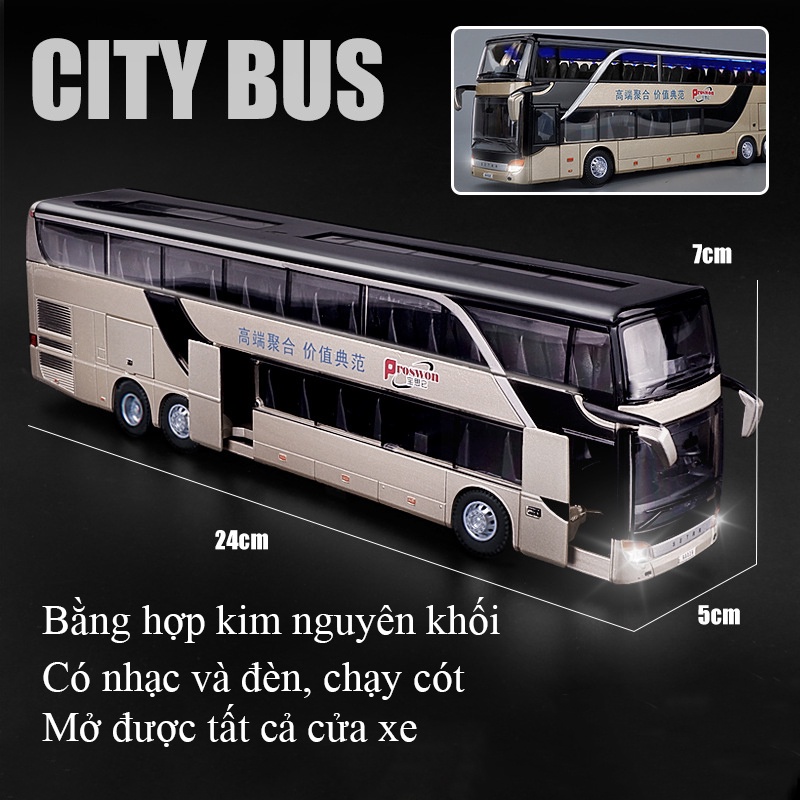 Mô hình xe bus 2 tầng đường dài KAVY chở khách bằng hợp kim có nhạc và đèn mở được tất cả cánh cửa chạy cót