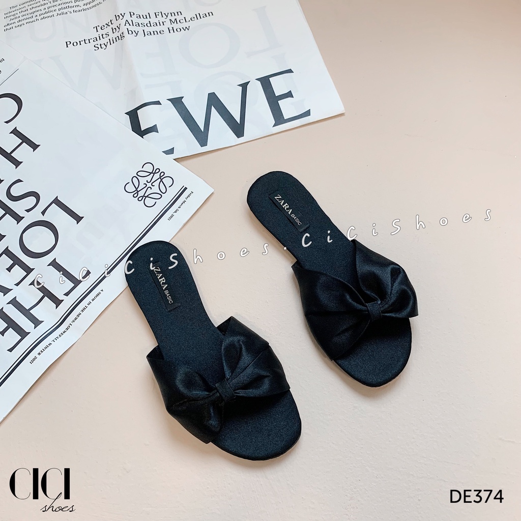 Dép bệt nữ CiCi Shoes mũi tròn, dép lụa thắt nơ giữa - DE374