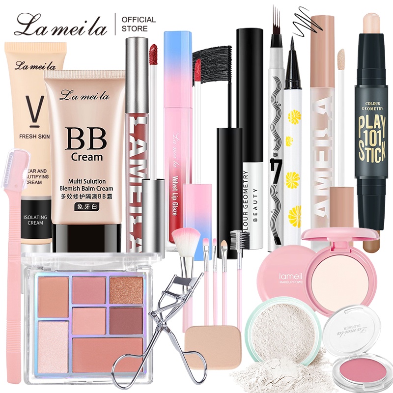 LAMEILA bộ trang điểm 17 sản phẩm Son môi+Mascara+kẻ mắt+Bàn chải trang điểm+Chất lỏng concealer+Lông mi clip+Lông mày dao+Nhãn bóng đĩa