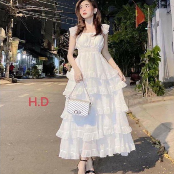 Đầm Trắng Công Chúa nhiều tầng dự tiệc Váy Maxi thiết kế trễ vai sang trọng Vintage Tiểu Thư2 dây dáng xòe THỜITRANG1989