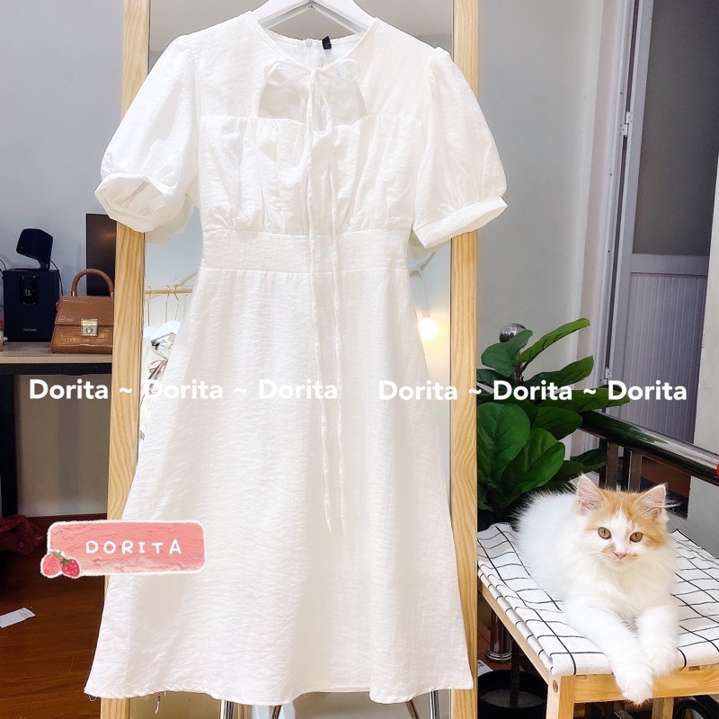 Váy đũi xếp ly ngực, Váy đũi cổ tàu buộc nơ ngực - Dorita Boutique