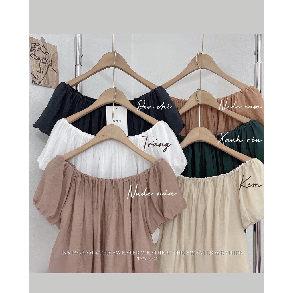 (Ảnh thật) Áo trễ vai voan tơ 2 lớp dáng lửng bo chun the.sweaterweather TSW