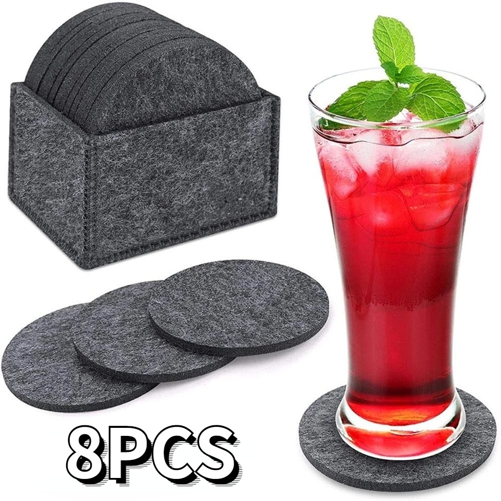 Set 8 Tấm Lót Ly Tròn Bằng Vải Nỉ Cách Nhiệt Bền Bỉ Bảo Vệ Cốc Nước Nóng/Cà Phê/Phụ Kiện Nhà Bếp