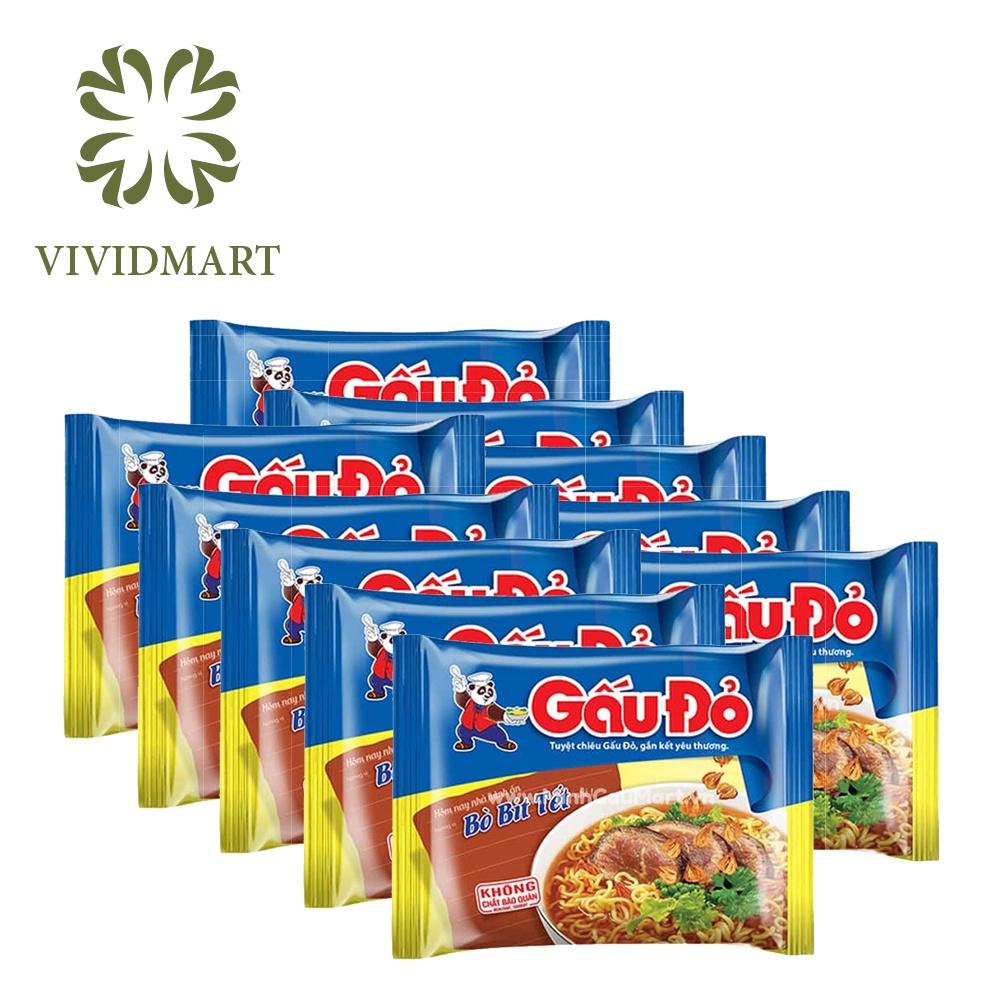 10gói- MÌ GẤU ĐỎ 8 VỊ: GÀ SỢI PHỞ, TÔM VÀ GÀ, BÒ BÍT TẾT, THỊT BẰM, TÔM CHUA CAY, SỢI PHỞ HÀNH PHI, CHAY –GÓI63G– GẤU ĐỎ