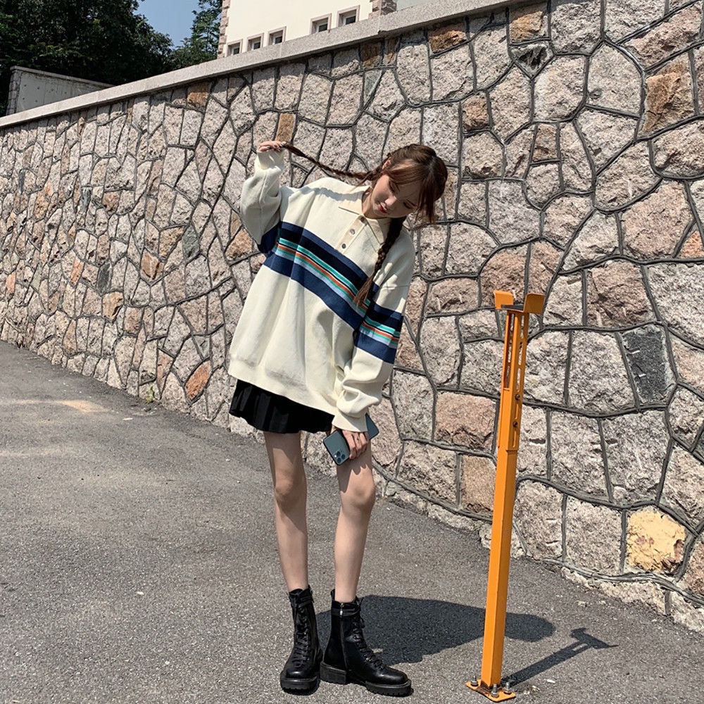 Áo sweater tay dài cổ polo dáng rộng họa tiết sọc ngang thời trang mới | BigBuy360 - bigbuy360.vn