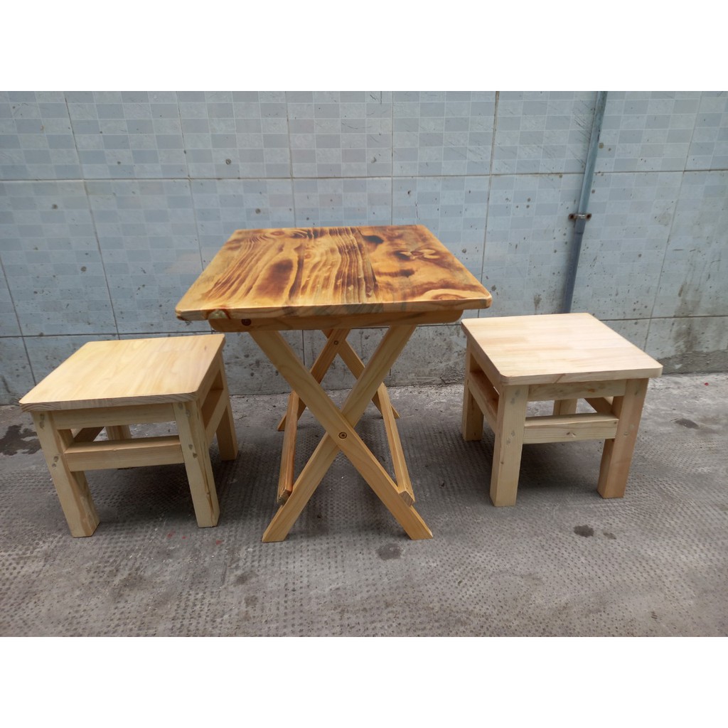 Bộ 2 ghế đôn 1 bàn xếp gỗ thông