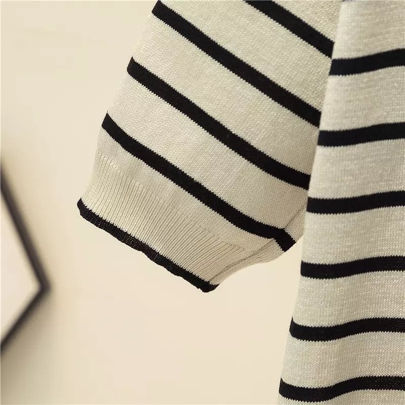 Áo thun len nữ tay ngắn polo kẻ ngang striped shirt màu be hàng loại 1 (Có sẵn - Ảnh thật shop chụp) | BigBuy360 - bigbuy360.vn