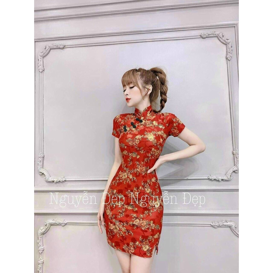 Sườn xám họa tiết hoa lá sắc nét màu đỏ siêu đẹp phù hợp đi chơi, dạo phố, dự tiệc event, chụp ảnh Arava s80