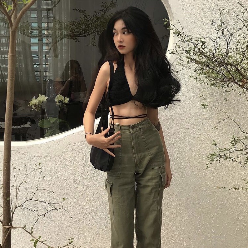 Áo len dáng bra đen dây thắt eo hàng handmade