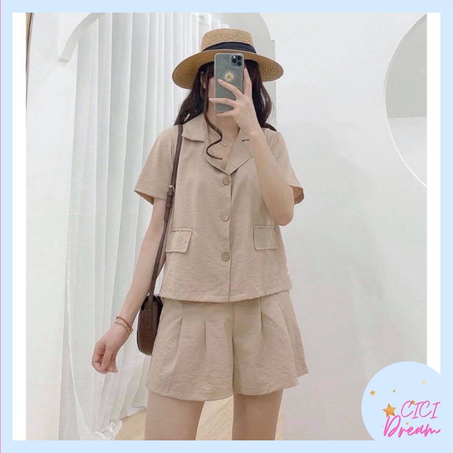 Set bộ áo vest nữ cộc tay, quần đùi chất đũi, Set bộ áo sơ mi cổ vest nữ ngắn tay đũi cúc gỗ phối quần đùi | BigBuy360 - bigbuy360.vn