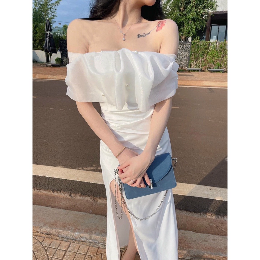 Đầm Dự Tiệc Trễ Vai Body Thiết Kế Dáng Dài Xẻ Tà Màu Trắng |  ROSE CLOTHING D0438