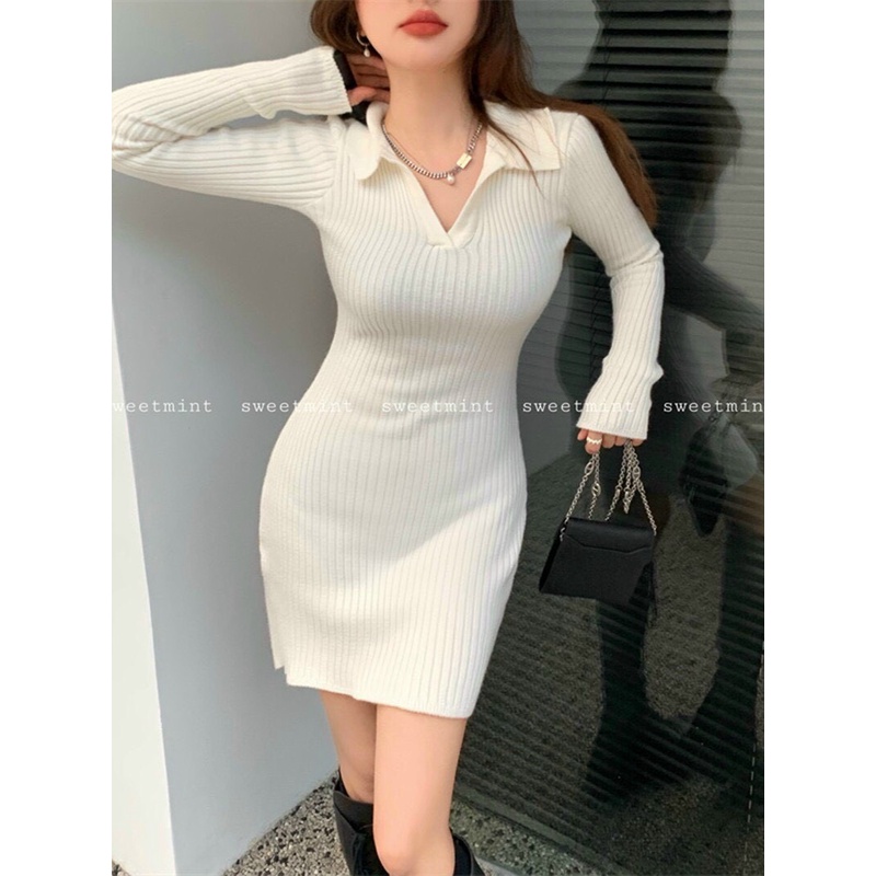 Đâm thun ôm cổ v dài tay 2 màu , váy body cổ polo chất thun gân cá tính, diện phố siêu xinh