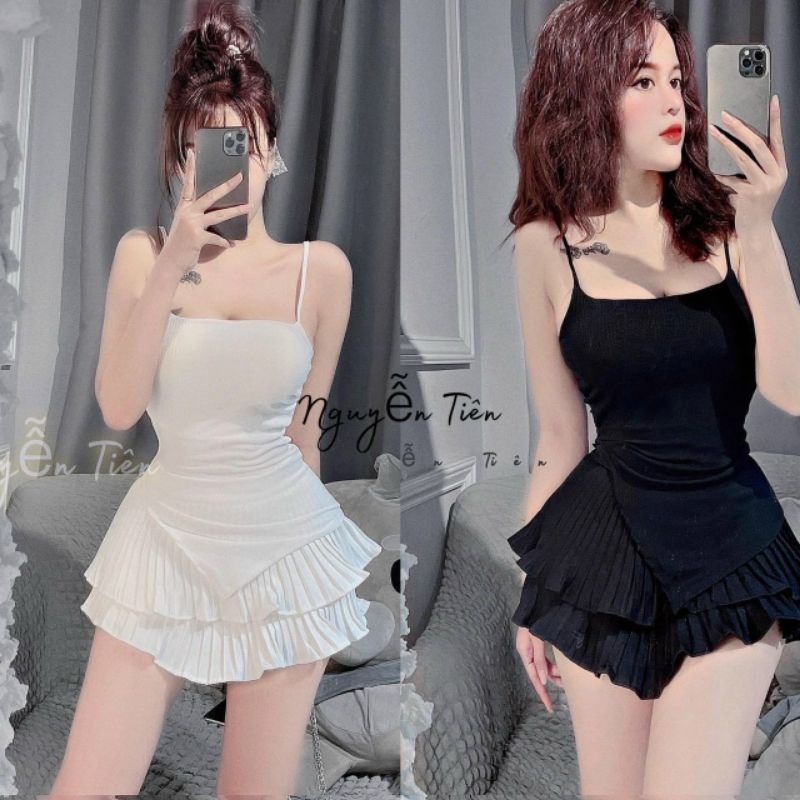 Set Áo Hai Dây Vạt Nhọn Ôm Body Và Chân Váy Dập Ly Xòe Bèo Tầng - Thun Dày Có Mút Ngực - Dáng Ngắn Sexy Cute