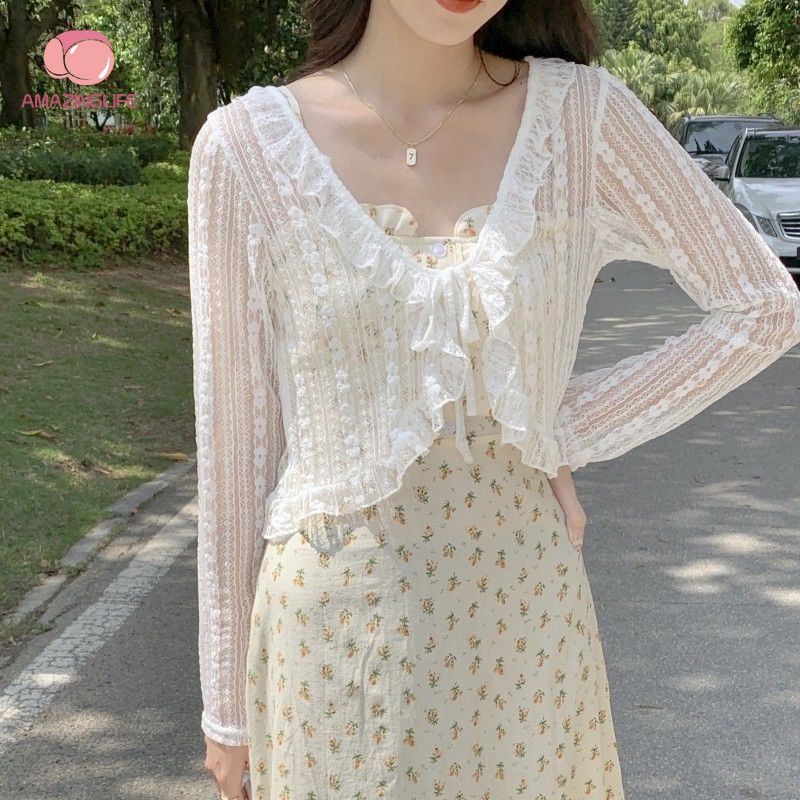 Áo Khoác Cardigan Dài Tay Cổ Chữ V Phối Ren Thời Trang Mùa Hè Hàn Quốc Cho Nữ