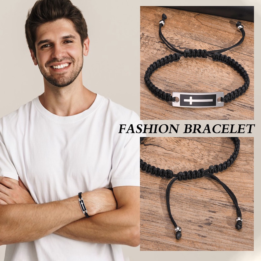 Vòng Tay Dây Bện Nylon Phối Mặt Thánh Giá Bằng Thép Không Gỉ Có Thể Điều Chỉnh Dành Cho Nam