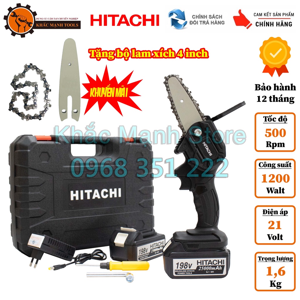 Máy Cưa Xích Mini Cầm Tay, Máy Cưa Xích Pin HITACHI 199V, Tặng thêm bộ lam xích 4inch