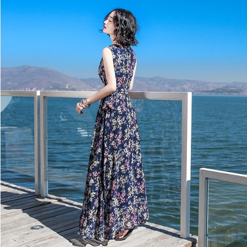Đầm Chữ A Dáng Rộng Không Tay Cổ Chữ V In Họa Tiết Hoa Phong Cách Bohemian Dành Cho Nữ