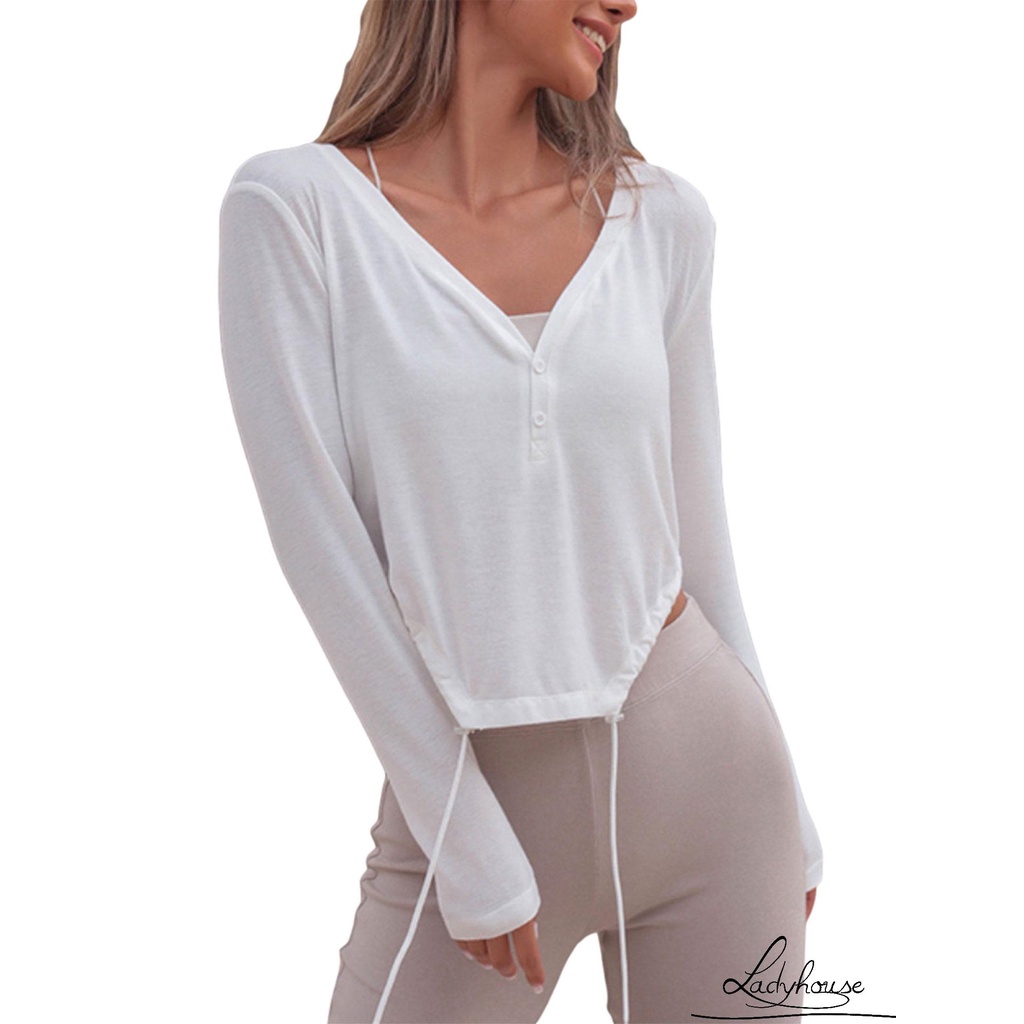 Áo Thun Tay Dài Cổ Chữ V Màu Sắc Đơn Giản Thời Trang Cho Nữ