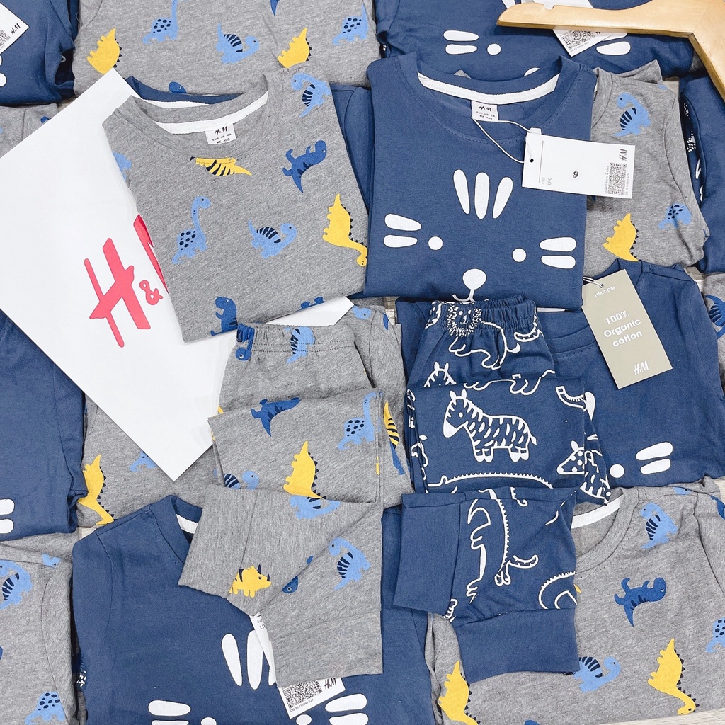 Set 2 bộ H.M khủng long cotton dày co giãn mềm đẹp cho bé trai từ 18m-6Y