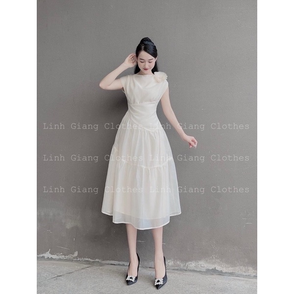 VN823 - VÁY TƠ 2 LỚP XOÈ TẦNG CHÉO EO ĐÍNH HOA VAI