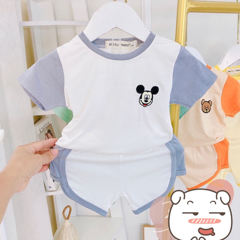 Quần Áo Trẻ Em, Bộ Minky Mom Cộc Tay Chất Thun Lạnh Thêu Hình Chuột Mèo