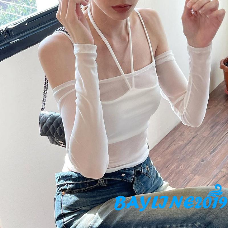 Bay- Áo Vest + Áo Crop Top Không Tay Cổ Treo + Áo Dài Tay Trễ Vai Màu Trơn Giản Dị Dành Cho Nữ