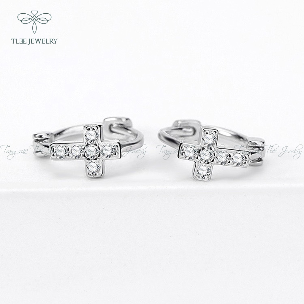 Khuyên tai bạc unisex TLEE tròn thánh giá nạm đá mẫu đeo ngắn có chốt bấm NCJ B0141