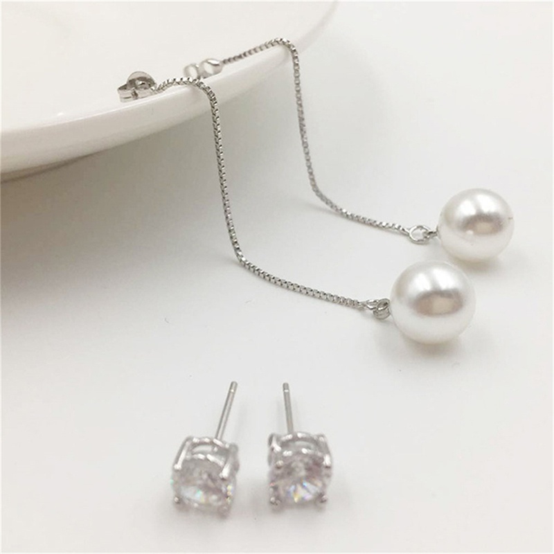 Fashion Silver-Color Simulated Pearl Pendant Cubic Zirconia Long Earrings Bridal Wedding Pearl Jewelry Earrings