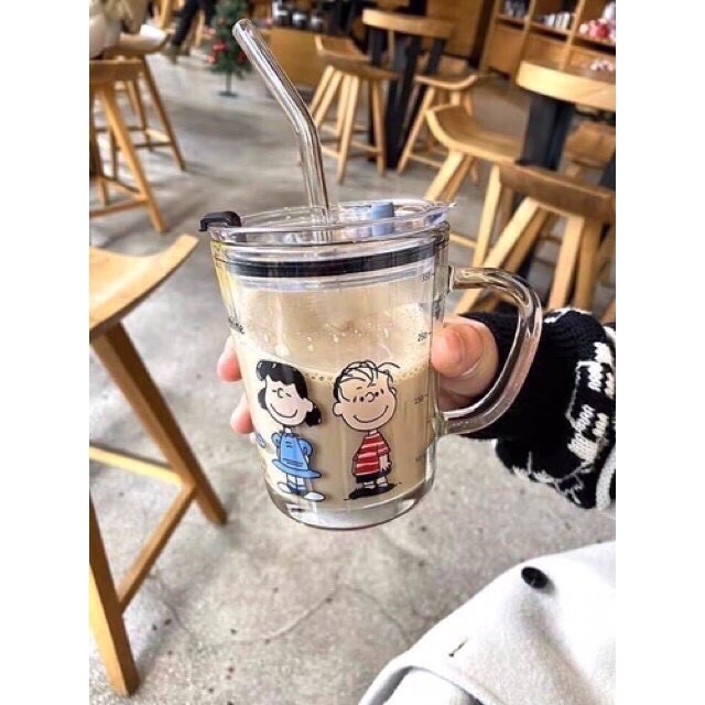 Cốc pha sữa chịu nhiệt thủy tinh chia vạch có nắp và ống hút | BigBuy360 - bigbuy360.vn