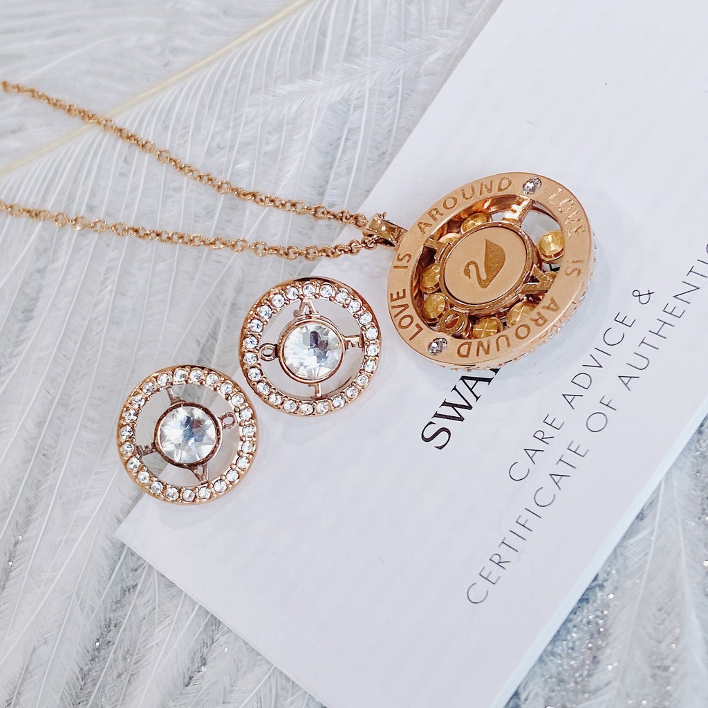 Bộ Trang Sức Nữ, Dây chuyền Nữ, Khuyên tai Nữ SWAROVSKI LOVE IS ROUND Dây Vàng ROSE, Pha Lê Trắng Mặt Tròn_CHÍNH HÃNG